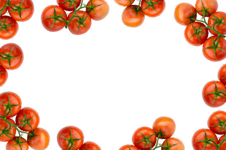 Red Fresh Ripe Stem Tomatoes  Frame Isolated on White Fabric Backgroundの写真素材