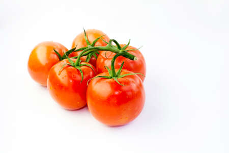 Red Fresh Ripe Tomatoes with Water Drops and Green Stem Isolated on White Backgroundの写真素材