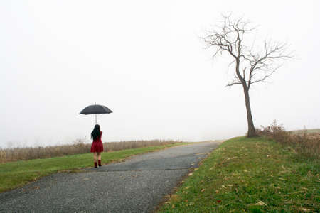 Woman in red dress on the back with black umbrella against a morning foggy walking on the roadの写真素材