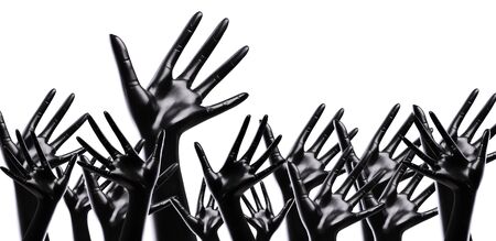 many black artificial hands isolated at white backgroundの写真素材