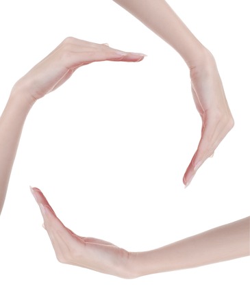 concept picture of three hands on the white backgroundの写真素材