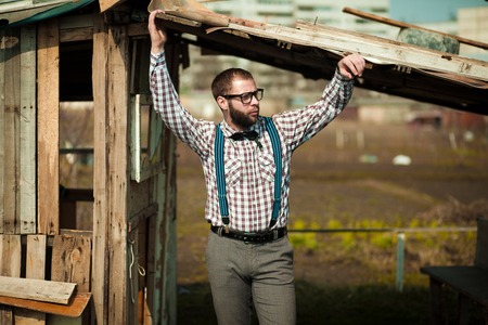 Redneck nerd man in glasses with beard outdoorの写真素材