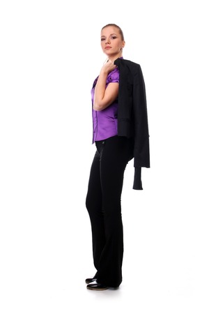 young beautiful woman in black suit and shirtの写真素材