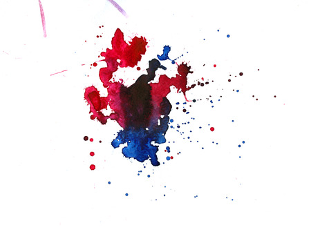 Dark atercolor texture with blue red stains on white backgroundの写真素材