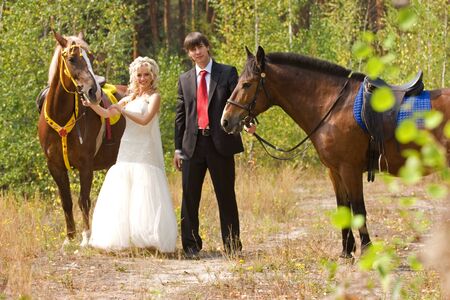 Bride and groom in forest with horsesの写真素材