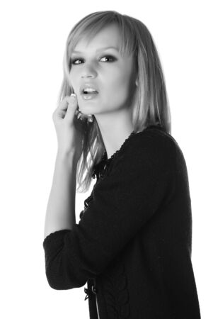 portrait of a beautiful blond woman on white backgroundの写真素材