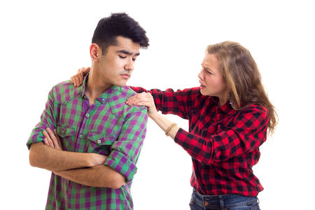 Young couple in plaid shirtsの写真素材