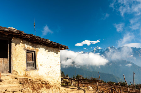 Outdoor of traditional nepalese house Taksindu La pass. Taksindu village. Trekking in Nepal Himalayas. EBC (Everest base camp trek) trail lower part from Jiri to Lukla part of Everest trek. Nepal.の写真素材