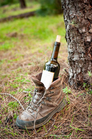 Bottle of wine with cork in tan leather hiking boot on pine needles land with pine tree in background. Hiking shoe with wine celebration. Party in the forest. Copyspace.の写真素材