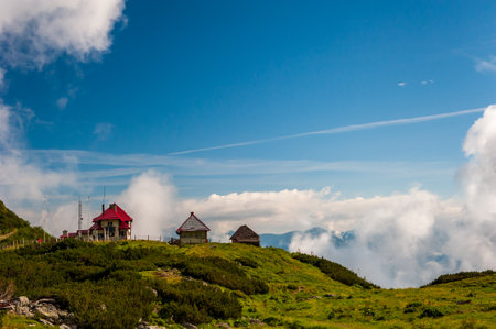 Weather station in clouds under Pietrosul Rodnei mountain in Rodna Mountains National Park, Muntii Rodnei National Park, Romania, Romanian Carpathian Mountains, Europe.の写真素材