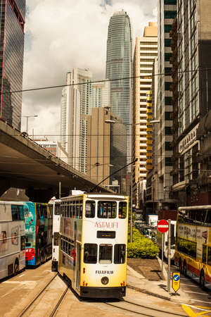 Hong Kong, China - 7 July, 2013: Tram making a turn in Central District in Hong Kong on a sunny dayのeditorial素材