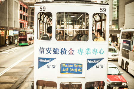 Hong Kong, China - 7 July, 2013: View of the top deck on a double decker tram in Causeway Bay district in Hong Kongのeditorial素材