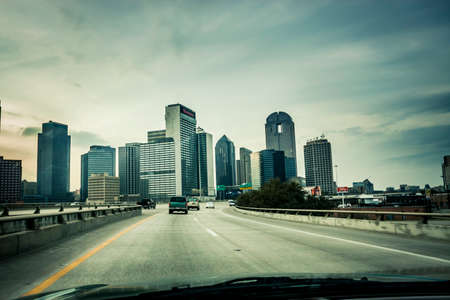 Dallas, Texas - 16 February, 2009: Approaching the center of the business district while driving in...