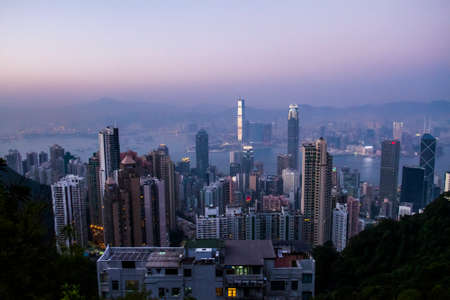 Hong Kong, China - 28 October, 2009: View of the skyline of the city at dusk seen from the top of Victoria Peakのeditorial素材