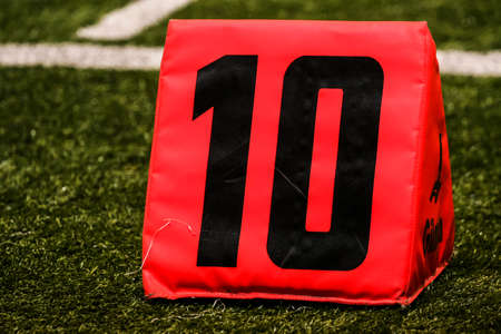 Yard markers on an Americal football fieldの写真素材