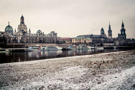 Dresden, Germany - 2 Jan. 2008: Skyline of the city with the Frauenkirche and Zwinger on a cold winter morningの写真素材
