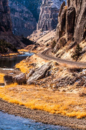 Train tracks winding through a canyonの写真素材
