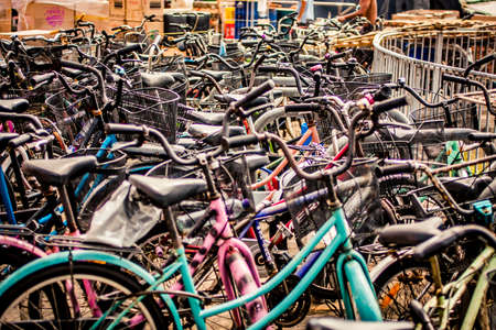 Hong Kong, China - 3 June, 2009: Parking lot for bicycles at Mui Wo ferry terminal on Lantau Islandのeditorial素材