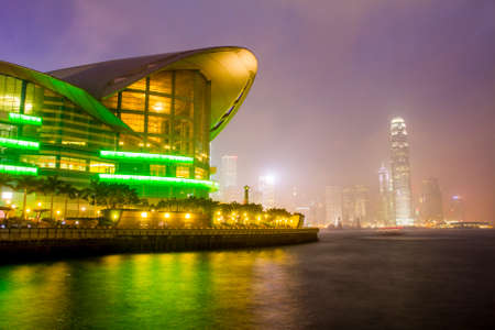 Hong Kong skyline at night with the convention centerのeditorial素材