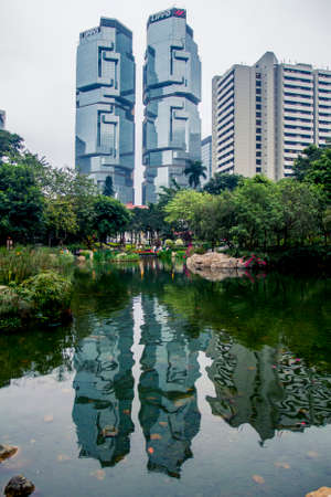 Hong Kong, China - 9 April 2010: Skyline of the city with a focus on the Lippo Center buildings in Admiralty districtのeditorial素材