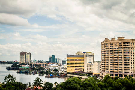 Kuching, Malaysia - 30 November, 2009: Cityscape of the city with an old colonial fort and the riverのeditorial素材