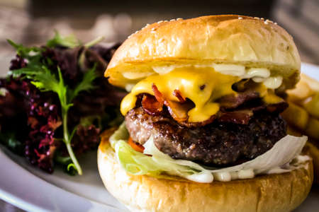 Cheeseburger with bacon and a side saladの写真素材