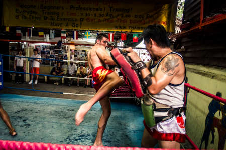Bangkok, Thailand - 10 June, 2010: Muay Thai boxing complex in the center of the Khaosan district with people training for fightsのeditorial素材