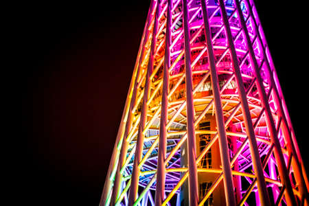 Guangzhou, China - 1 October, 2012: Details of the Canton Tower with colorful lights at nighttimeのeditorial素材