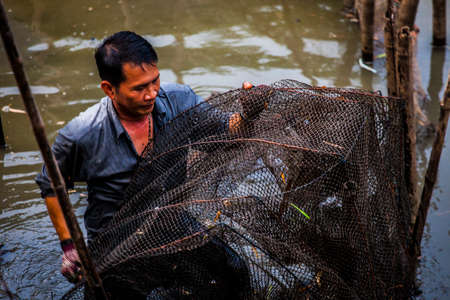 Nakhon Nayok, Thailand - 21 June, 2015: Local fishermen pulling a net out of a river at a sustainable fishing locationのeditorial素材
