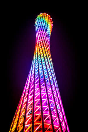 Guangzhou, China - 1 October, 2012: Details of the Canton Tower with colorful lights at nighttimeのeditorial素材