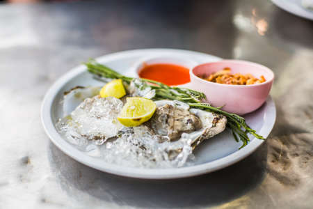 Fresh oysters on a plate with ice, lemon and garlicの写真素材