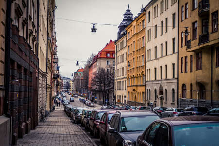 Stockholm, Sweden - 13 March, 2011: Street scene on an overcast day along a narrow street in Sodermalm districtの写真素材