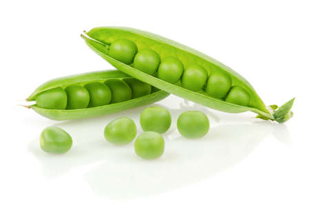 Pea Pod with Peas Isolated on White Backgroundの写真素材
