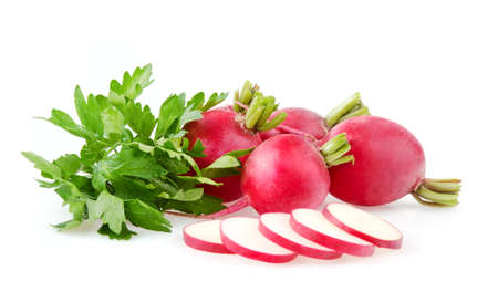 Fresh Red Radishes and Parsley on White Backgroundの写真素材