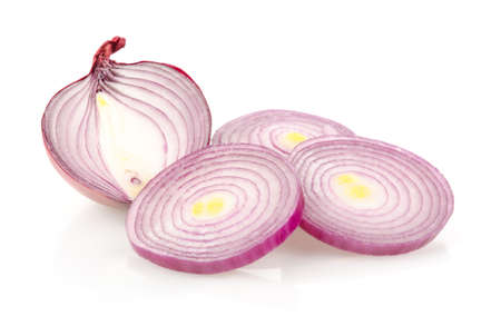 Red Onion Half and Slices Isolated on White Backgroundの写真素材