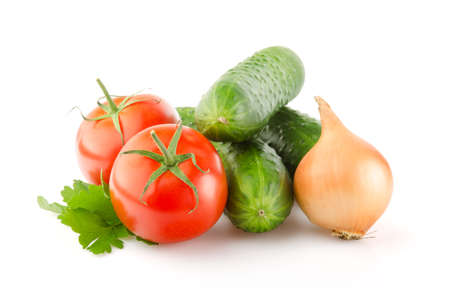 Fresh Tomatoes, Cucumbers, Onion and Parsley isolated on white backgroundの写真素材