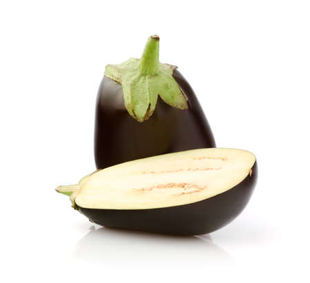 Fresh Eggplant with half isolated on white backgroundの写真素材
