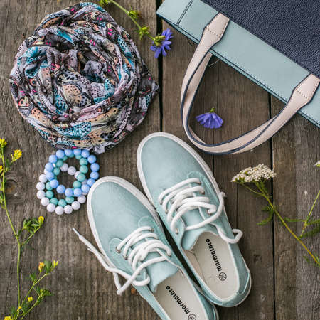 Essentials fashion woman objects on wooden backgroundの写真素材