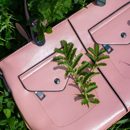 A close-up of a chic red handbag along with sexy female legs wearing elegant red shoes.の写真素材