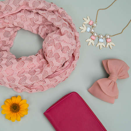 female scarf bow purse and jewelryの写真素材