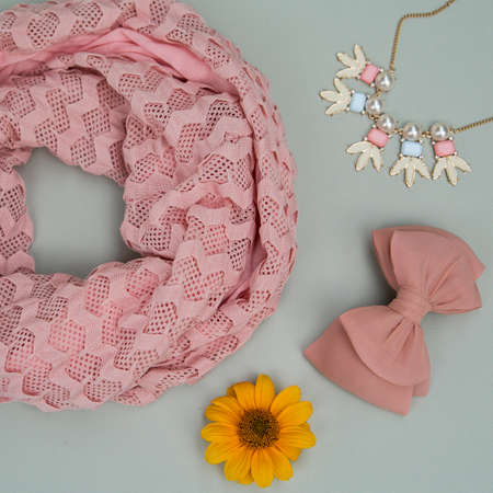 female scarf bow purse and jewelryの写真素材