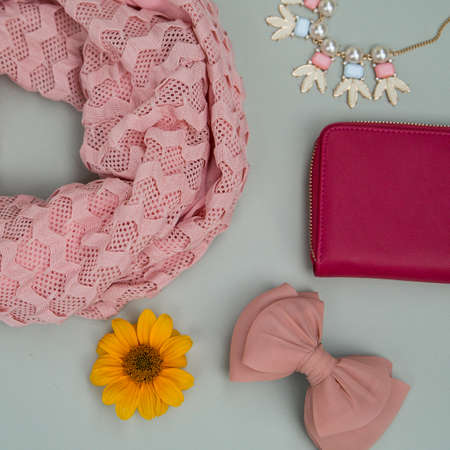 female scarf bow purse and jewelryの写真素材