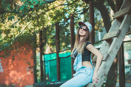 girl model nature posing in different clothesの写真素材