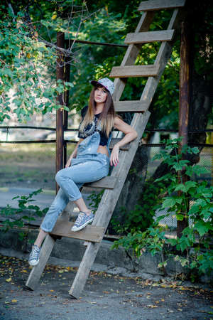 girl model nature posing in different clothesの写真素材