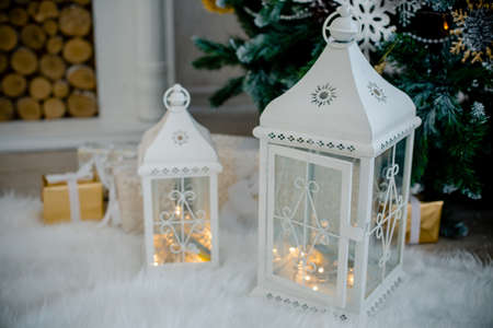 lanterns with candles on Christmas backgroundの写真素材