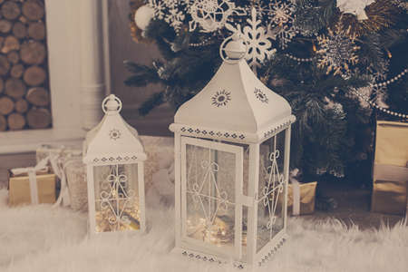 Lantern with christmas tree, Christmas decor.の写真素材