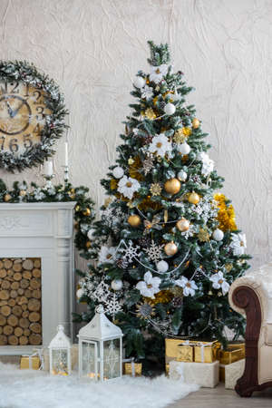 New Year's interior with a fireplaceの写真素材