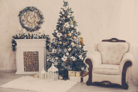 New Year's interior with a fireplaceの写真素材