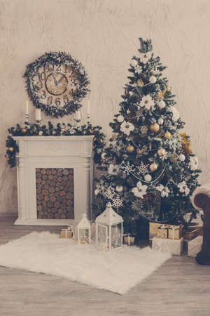 New Year's interior with a fireplaceの写真素材