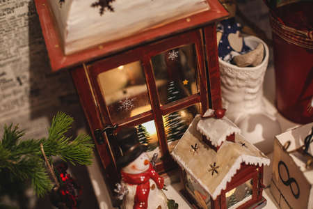 Interior Christmas home decoration on the table.の写真素材